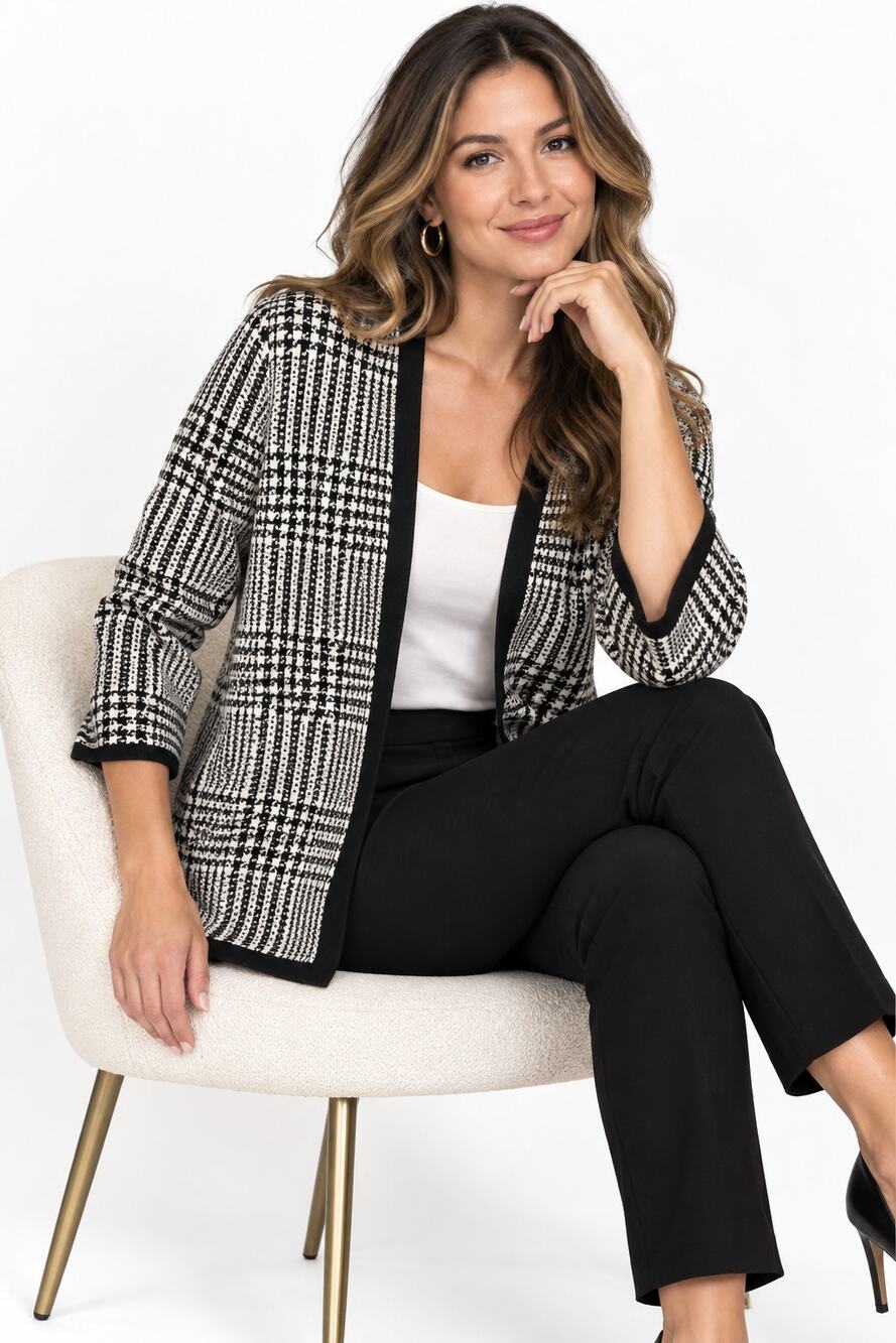 My closet Croft And Barrow Petite PL Black White Plaid Open Front Cardigan